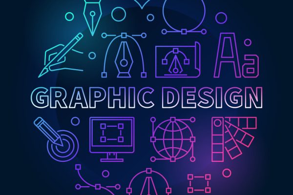 Graphic design colored round vector illustration in linear style on dark background
